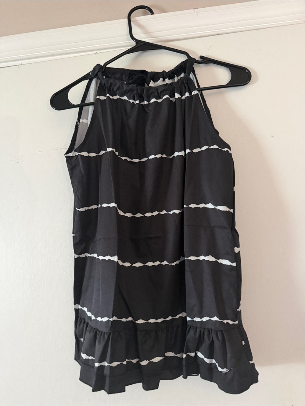 Black Halter Tie-Shoulder Ruffle Hem Tank with White Stripe Detail